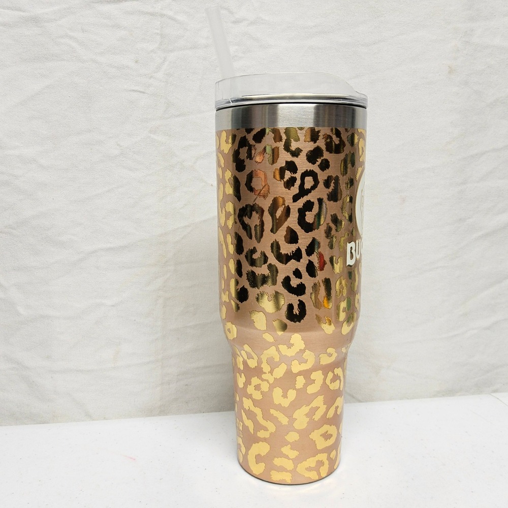 Buc-ee's Yukon Outfitters Tumbler 40oz Rose Gold Leopard Print Beaver Logo Lid - Picture 2 of 10